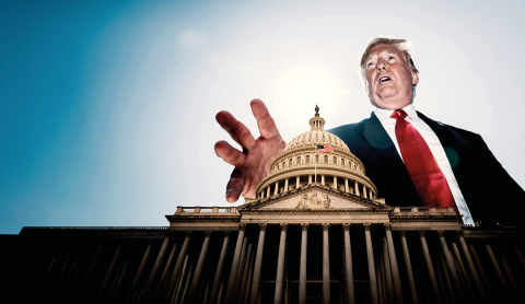 Donald Trump als Riese über dem weißen Haus dargestellt.