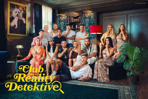 In "Club der Reality Detektive" versuchen sich Realitystars als Ermittler. Vorne von links: Rafa Zollo, Dilara Kruse, Lars Steinhöfel, Annelie Henze, Laurenz Pesch, Meji, Gabriela Alves Rodrigues. Hinten von links: Garrysecret, Claued-Oliver Rudolph, Paco Herb, Lukas Küchen, Patrick Romer, Jürgen Trovato, Sarina Simone und Tochter Shiana Kolibal. 